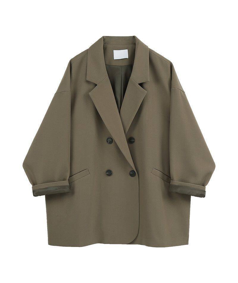 Áo blazer nữ dáng rộng cổ vest tay dài phong cách thanh lịch — quần kaki, đen, Bông đen, Kaki và bông chi tiết 3