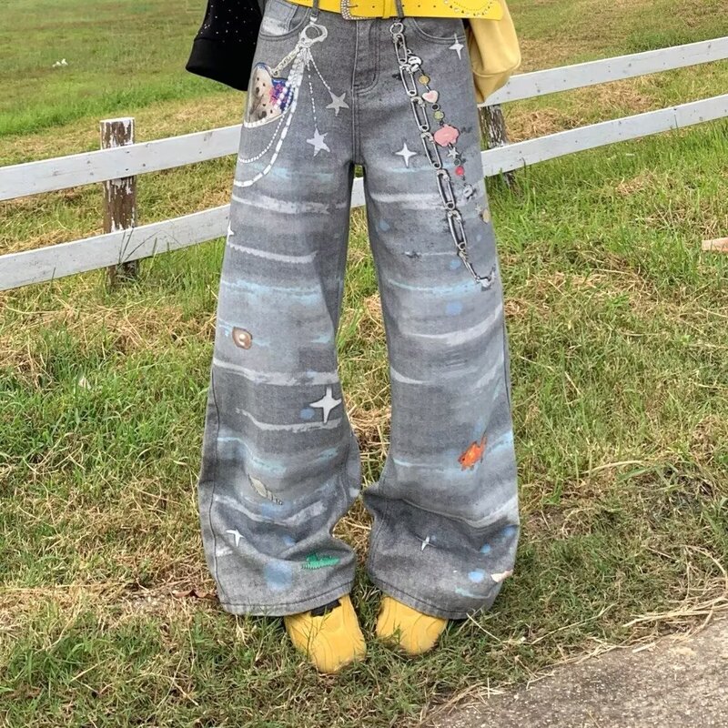 American Retro 3D Chain Ocean Style Digital Printed Jeans Women's Cleanfit Loose Straight Casual Pants