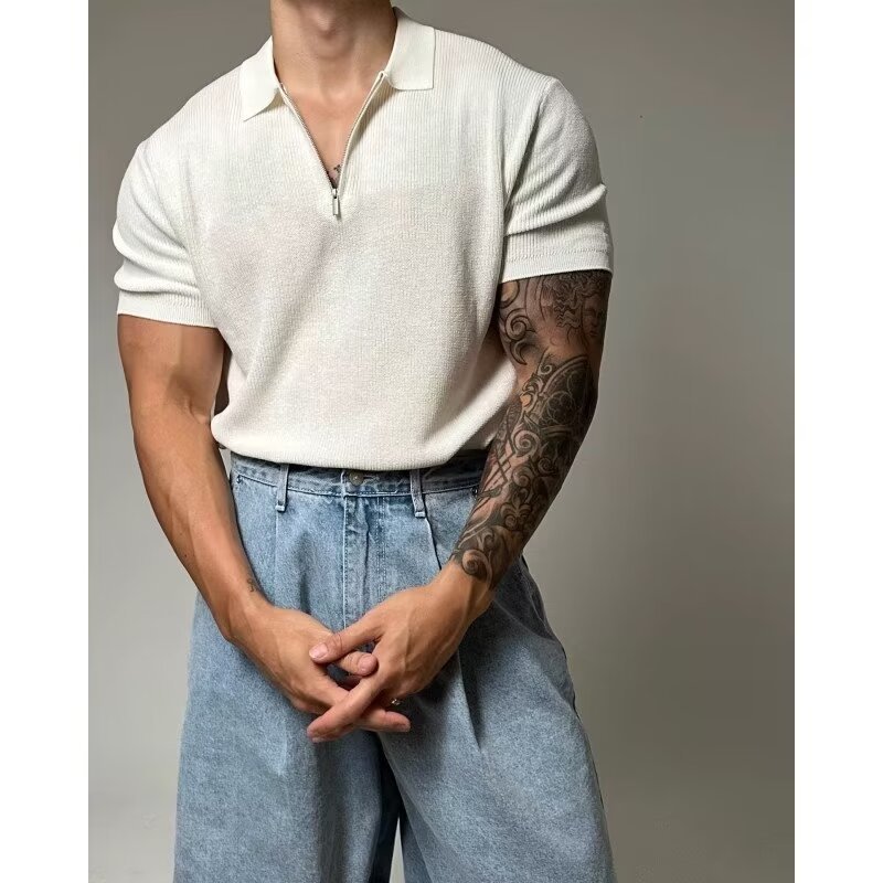 Polo de punto de manga corta para hombre con media cremallera, cuello tipo solapa, corte ajustado, camiseta de negocios, polo de media cremallera al por mayor para hombre