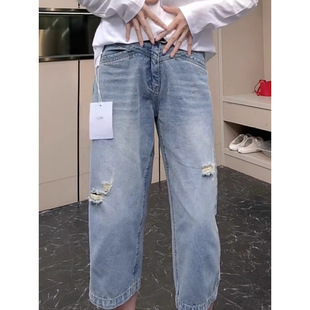 Plus Size Women's Cropped Jeans Loose Baguette Pants Ripped Summer Thin High-Waisted Stretchy Slimming