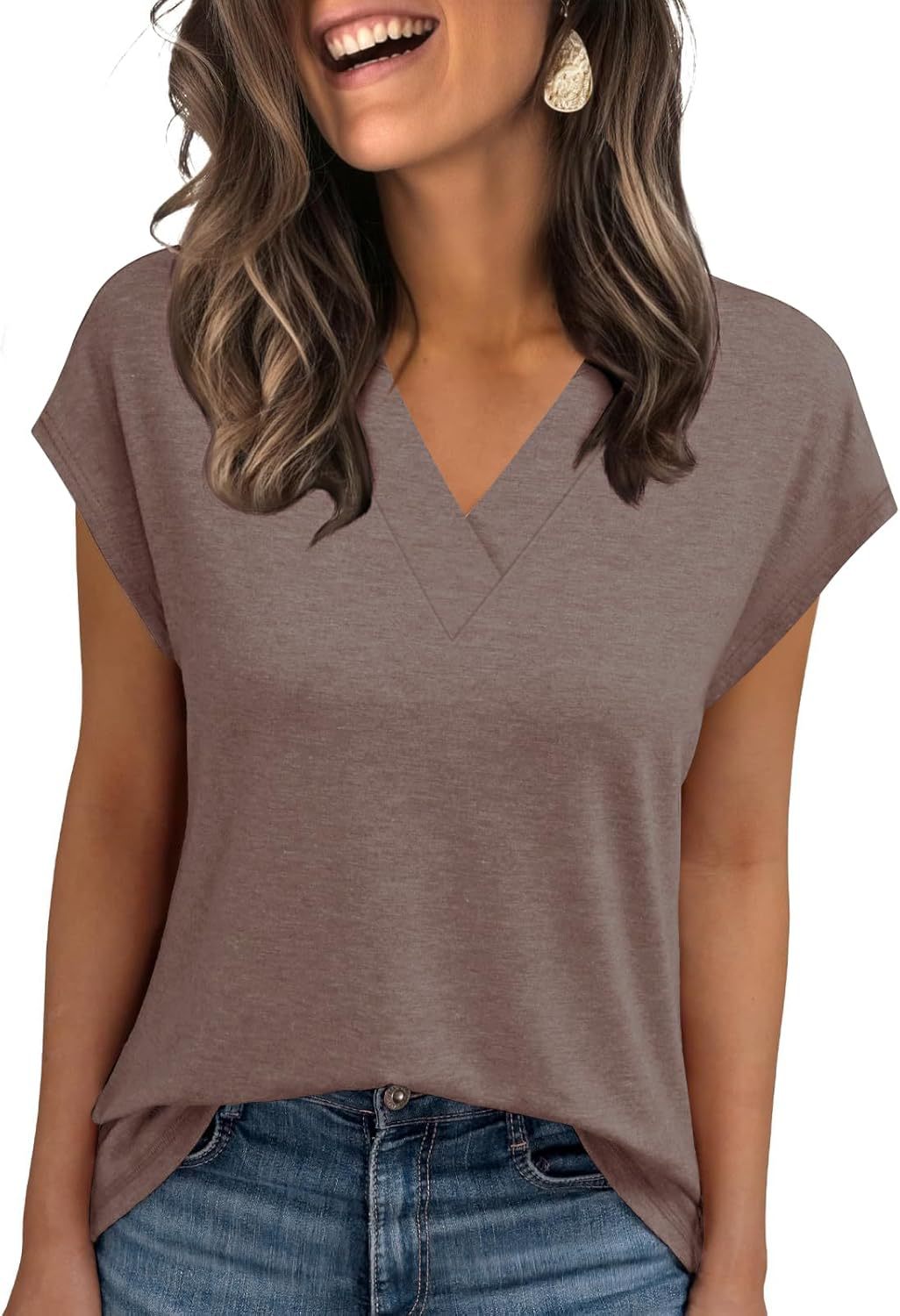 2026 Women Summer Casual V Neck Cap Sleeve Basic Tops_ecoleips.com