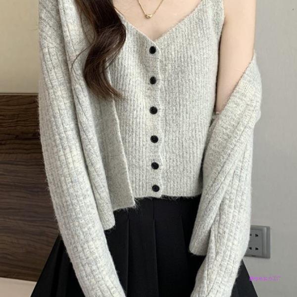 French Style Super Nice Knitted Cardigan for Women Spring & Fall New Style Chic Short Two-Piece Top for Small People Red Light Green