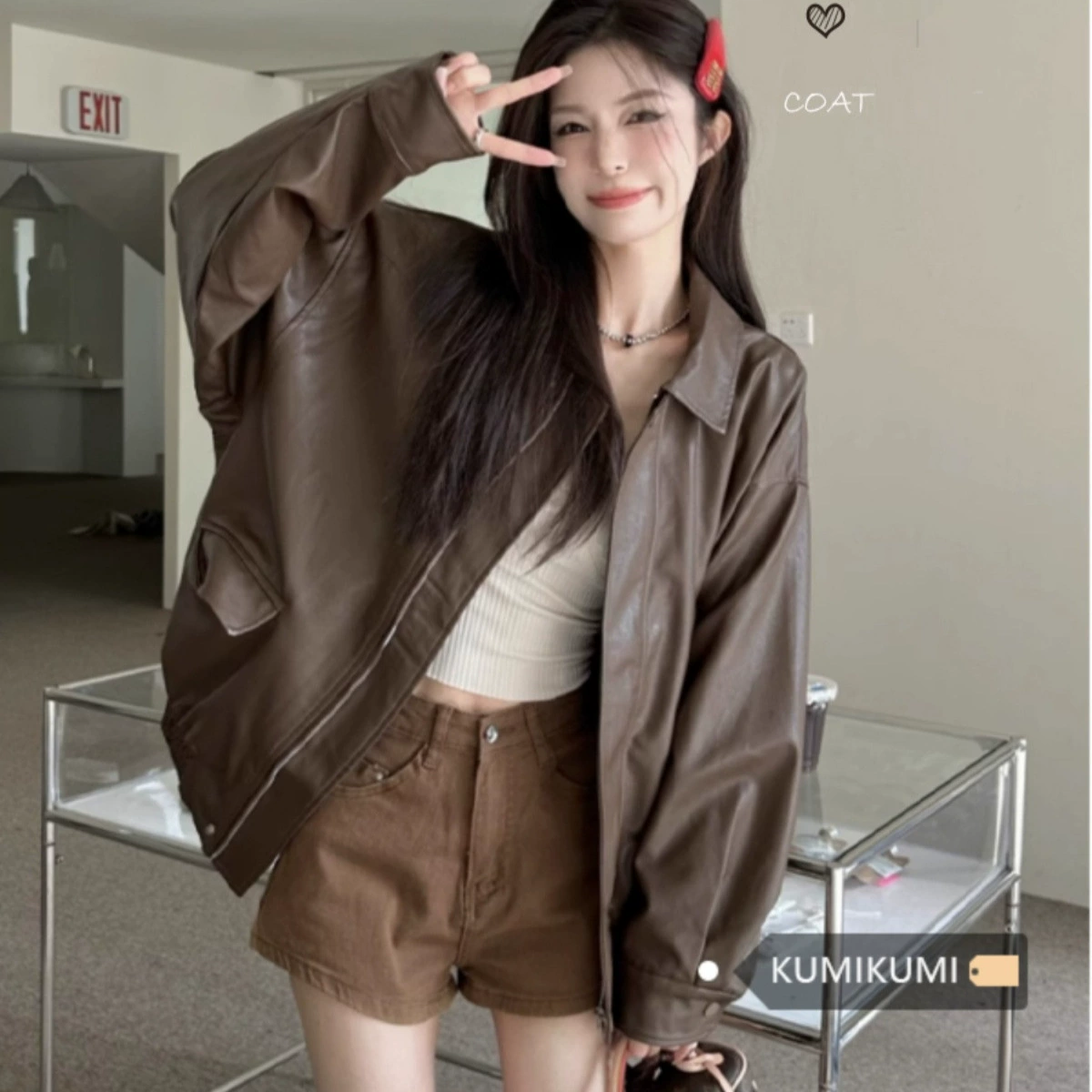 Ретро американский цвет карри кожаная куртка куртка женская осень черный сладкий прохладный ветер мотоцикл PUpo свободный топ с длинными рукавами