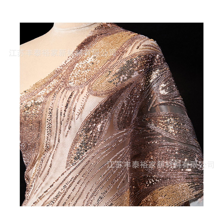 Nuevo color curry tela de hilo de tela bordada sequinada tela de lujo ligera de alta gama vestido de noche