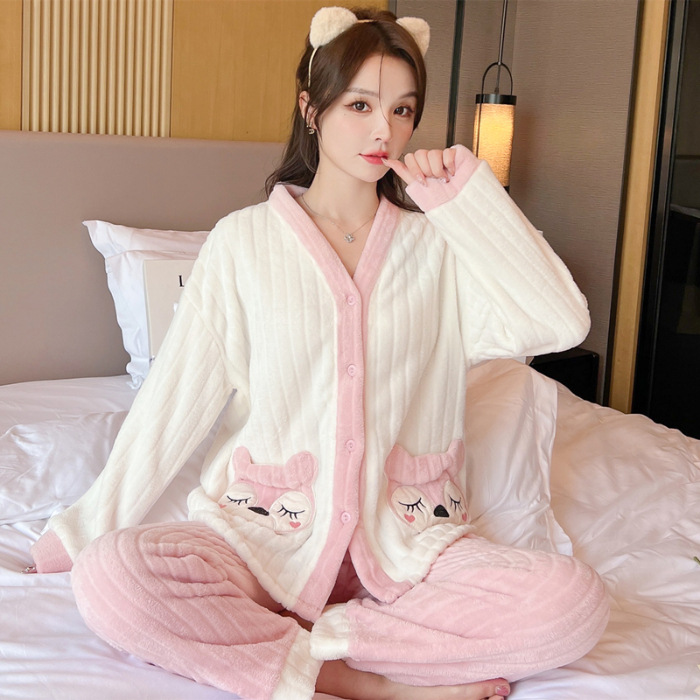Franela otoño y invierno nueva linda niña caliente y gruesa dulce kitty gato suelto conjunto de pijamas se puede usar fuera