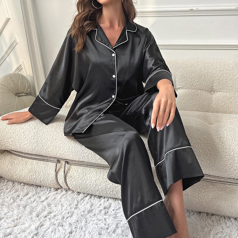 Cross-Border Women's Pajamas, Solid Color with Trim, Basic Style, Casual Long-Sleeve and Long-Pants Two-Piece Set, Loungewear Nightwear Cross-Border Women's Pajamas, Solid Color with Trim, Basic Style, Casual Long-Sleeve and Long-Pants Two-Piece Set, Loungewear Nightwear