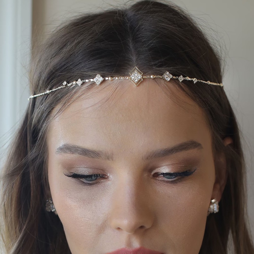 Amazon venta caliente flor frente cadena novia temperamento de alta gama rhinestone prisma cinta para el cabello accesorios de banquete headwear