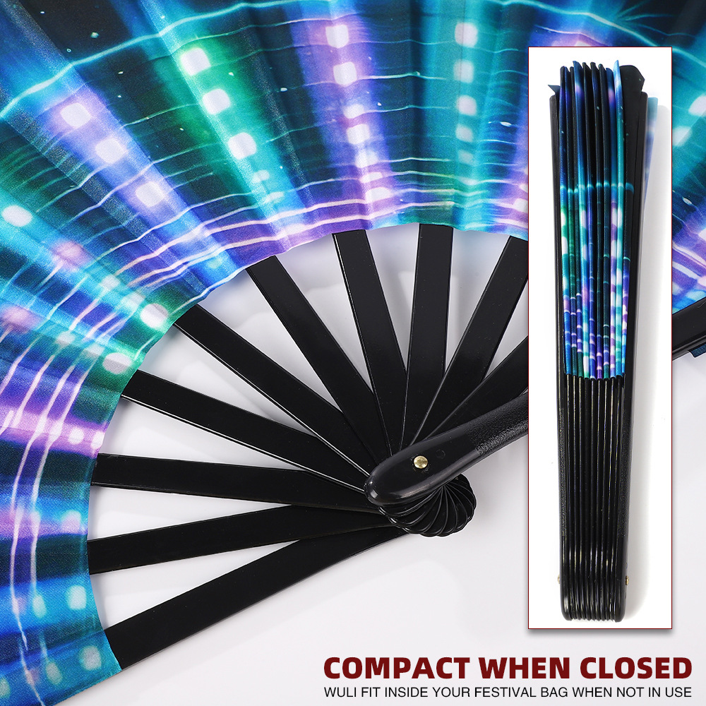 Festival de música transfronterizo abanico fluorescente abanico plegable bar pudding tela de seda abanico de hueso de plástico decoración de fiesta abanico plegable