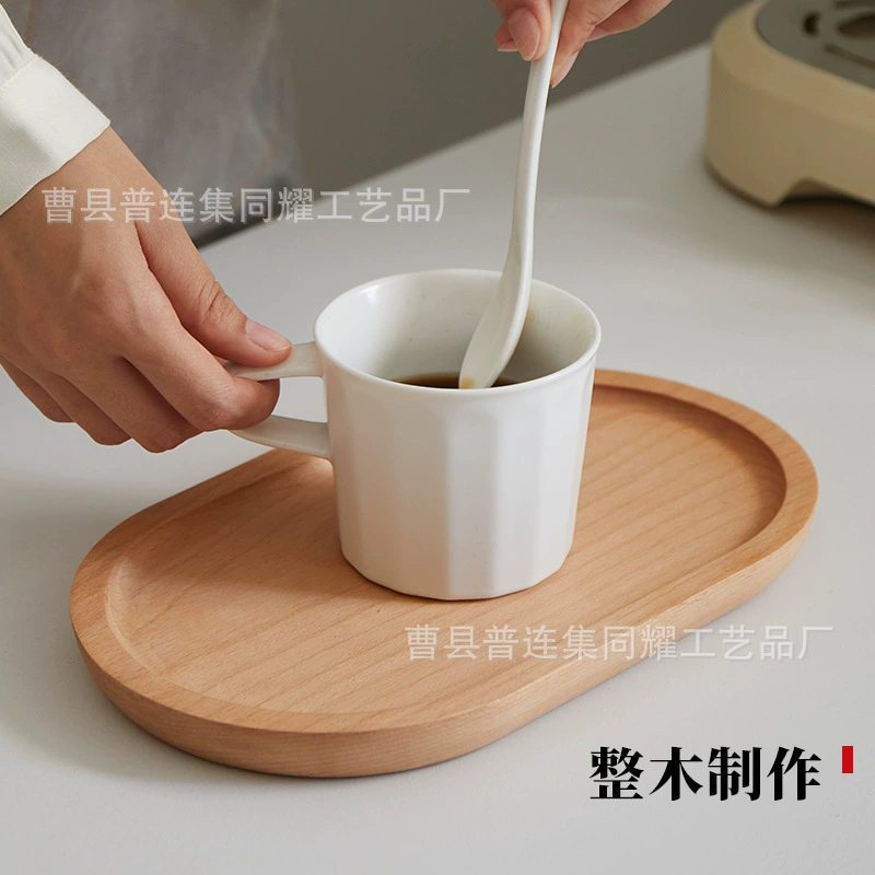 Japanese wooden rectangular dinner plate from natural wood, coffee sophisticated afternoon tea