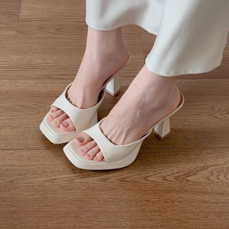 Square-Toe Wind-Cooling Slippers, Versatile Waterproof Platform High-Heeled Sandals with 2025 Elegant Skirt, Spring & Fall New Lady French Style
