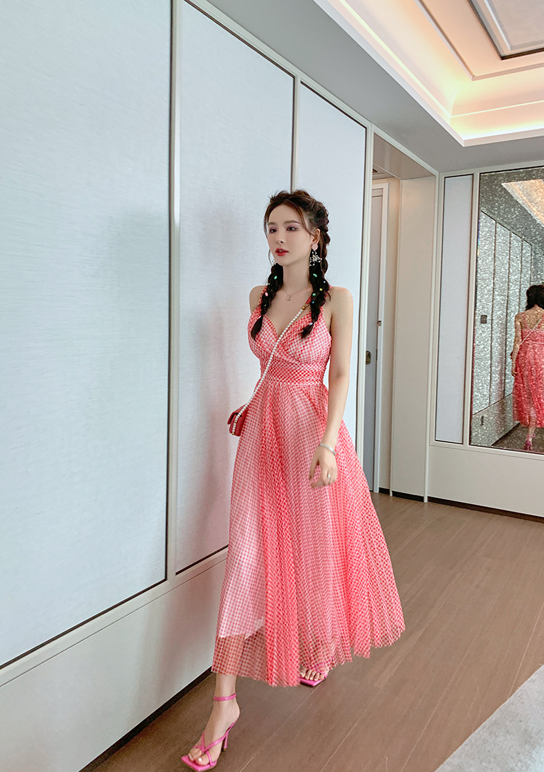 Váy maxi cổ chữ V chấm bi lưới xếp ly cạp cao tay địu — Màu đỏ chi tiết 13