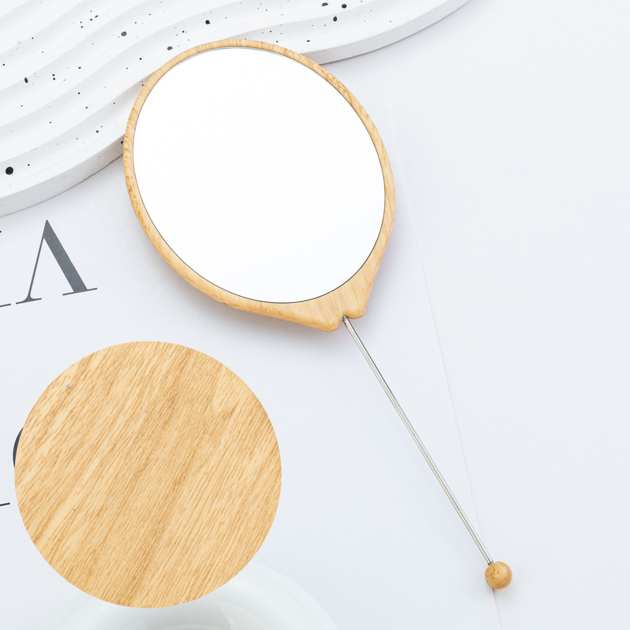 Espejo pequeño con cuentas de bricolaje, espejo de maquillaje portátil, espejo de grano de madera de mano ovalado, espejo de maquillaje con mango para niñas