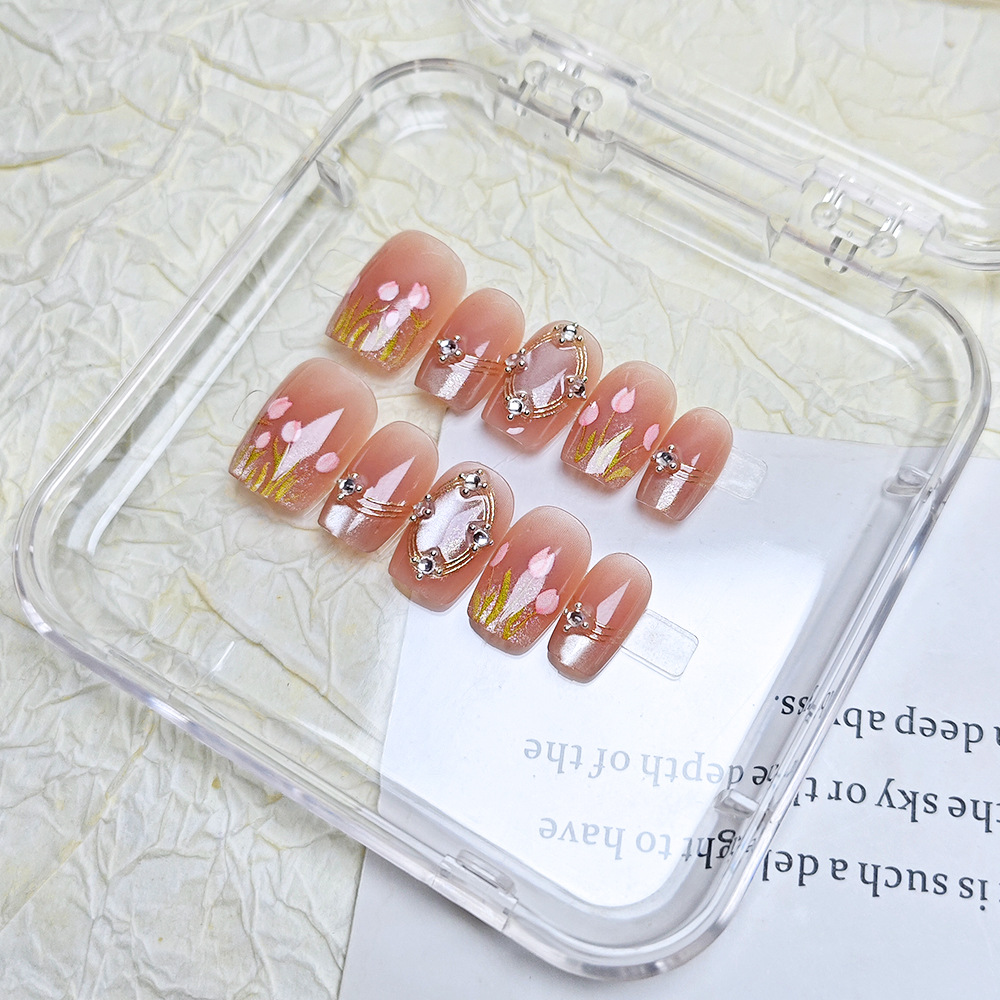 Parche de uñas de tulipán tridimensional 3D Gema con incrustaciones de diamantes Armadura portátil hecha a mano 10 piezas de uñas de ojo de gato de código dividido Armadura corta image 8