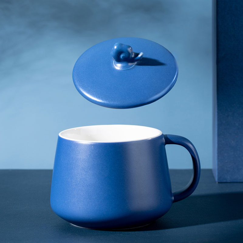 Taza de marcas de nubes, taza de cerámica azul Klein, taza de agua azul espacial con tapa, taza de publicidad LOGO personalizada