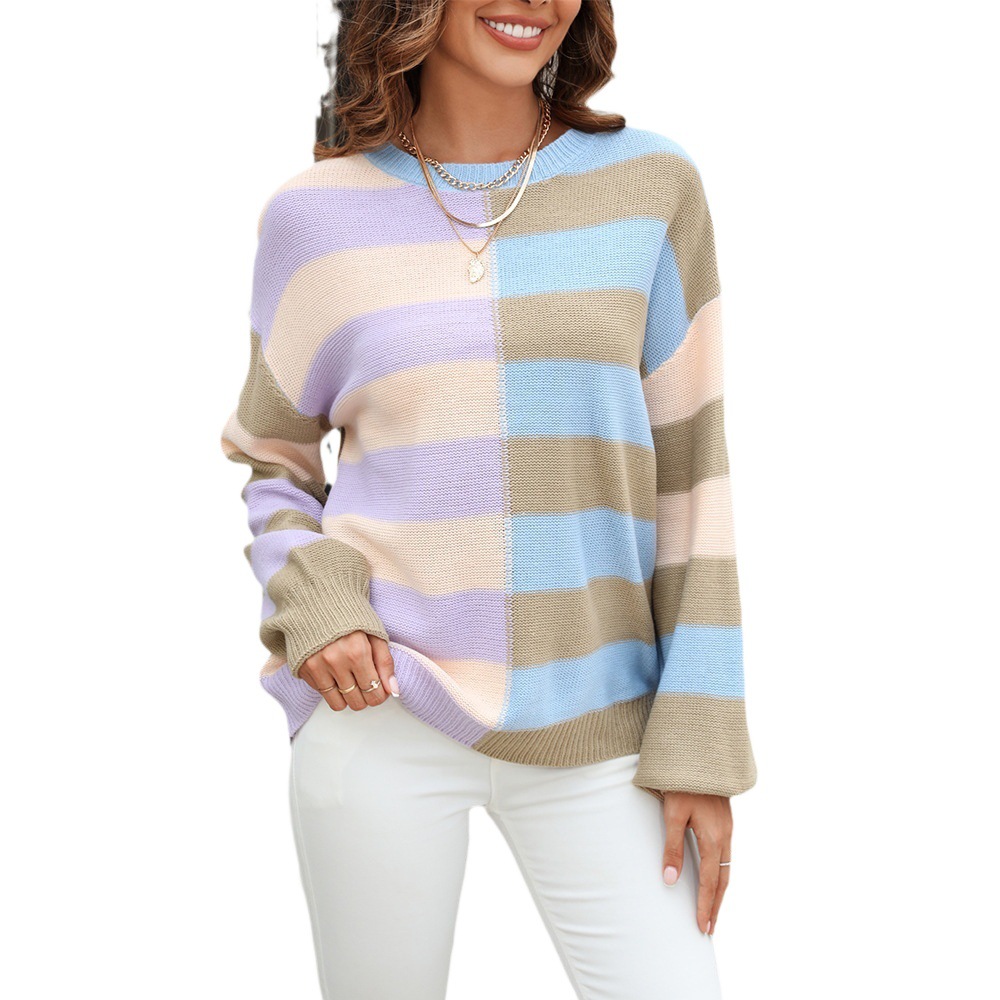 Suéter de Punto con Cuello Redondo, Estilo Europeo y Americano, para Mujer, Primavera-Otoño 2026, Diseño de Bloques de Color y Rayas con Parches, Moda Amazon. image 7