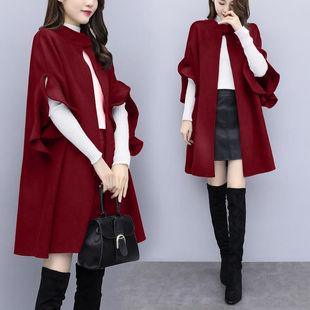 New Women's Spring, Autumn and Winter Large Size Mid-Length Woolen Outwear Women's Red British A-Line Cape Woolen Outwear