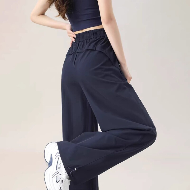 145 Navy Blue Quick-Dry Work Pants for Women, Summer Drapey Straight-Leg Ice Silk Petite Wide-Leg Sun-Protection Hiking Pants