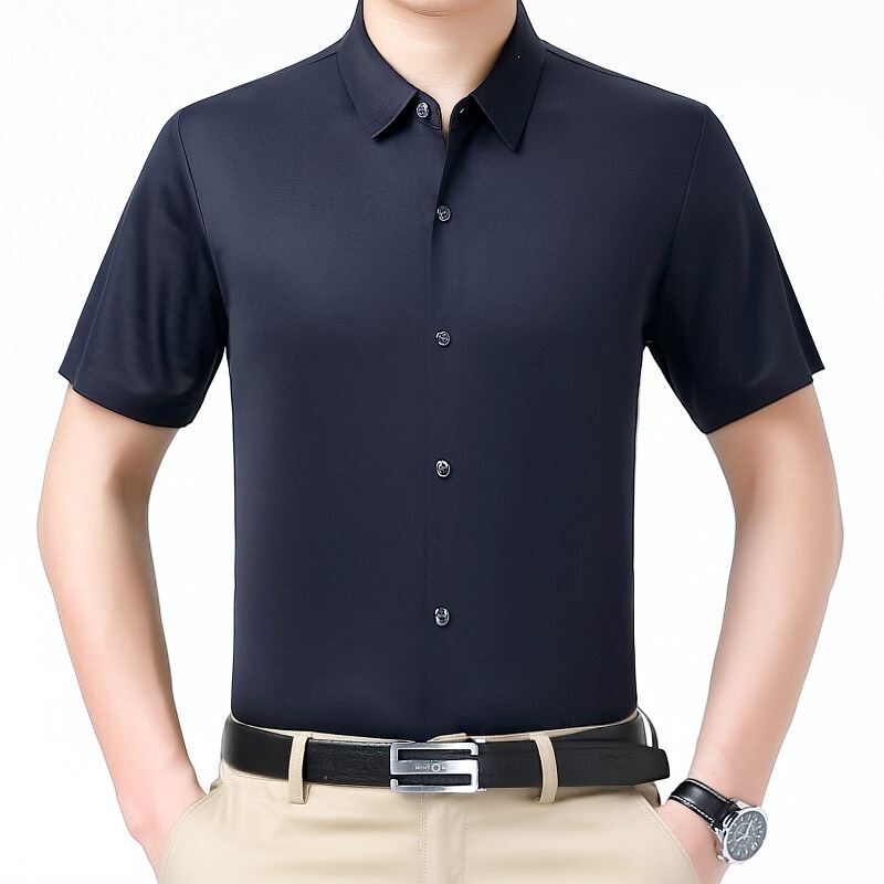 Men's Short-Sleeve Silk Shirt for Middle-Aged Dads, Simple Solid Color Versatile Top, Summer Thin Non-Iron Wrinkle-Resistant Shirt Men's Short-Sleeve Silk Shirt for Middle-Aged Dads, Simple Solid Color Versatile Top, Summer Thin Non-Iron Wrinkle-Resistant Shirt