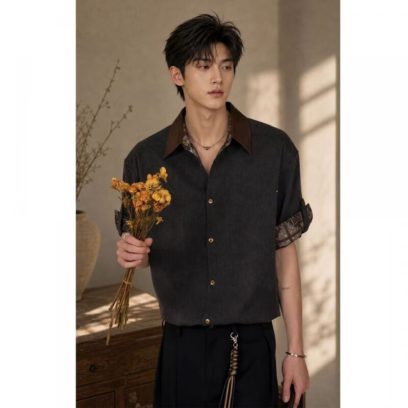 Cross-Border Wholesale Summer New Retro Ice Silk Denim Patchwork Paisley Color-Blocking Shirt for Men in Light Khaki Cross-Border Wholesale Summer New Retro Ice Silk Denim Patchwork Paisley Color-Blocking Shirt for Men in Light Khaki