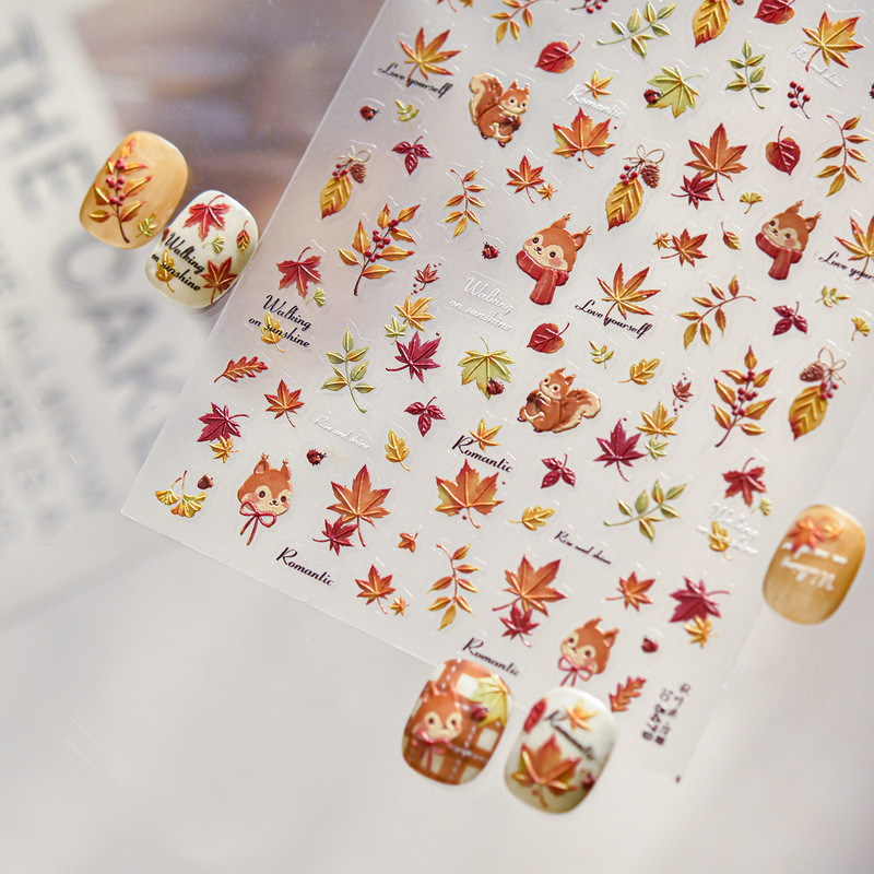 Embossed Manicure Stickers Autumn Maple Leaf Cartoon Squirrel Short Nails Nail Stickers Leaves Hand Account Trinkets Wearable Nails