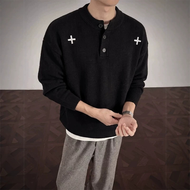 2026 Autumn/Winter New Trendy Brand Henley Neck Cross Embroidery Knitted Pullover Sweater for Men, Loose Casual Versatile Top 2026 Autumn/Winter New Trendy Brand Henley Neck Cross Embroidery Knitted Pullover Sweater for Men, Loose Casual Versatile Top