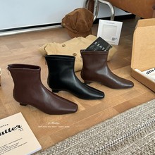 小方头后拉链低跟短靴女2025秋冬季新款韩版软皮粗跟弹力瘦瘦靴子