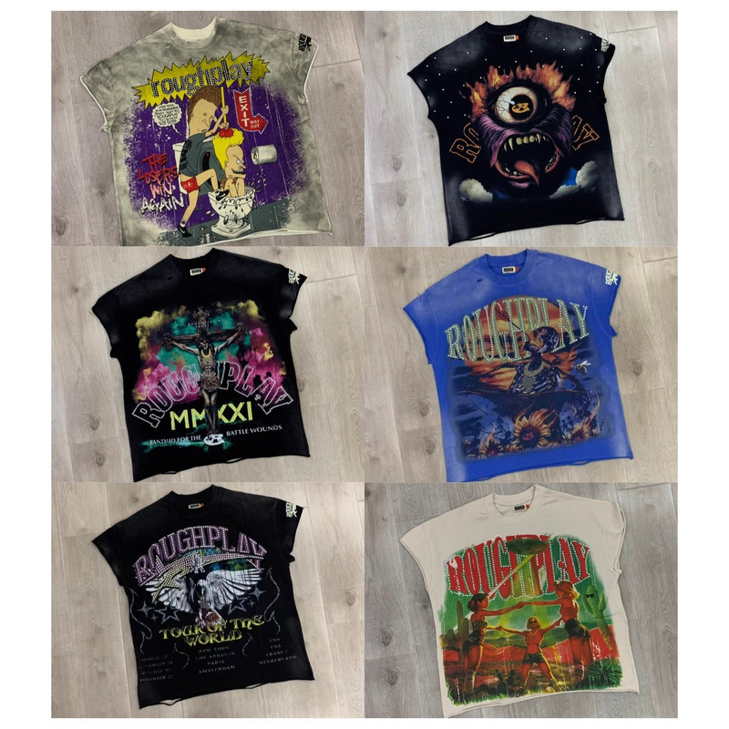 Roughplay Full-Print Graffiti Print T-Shirt Distressed Ripped Short-Sleeved Rhinestone Vest American Retro Waistcoat