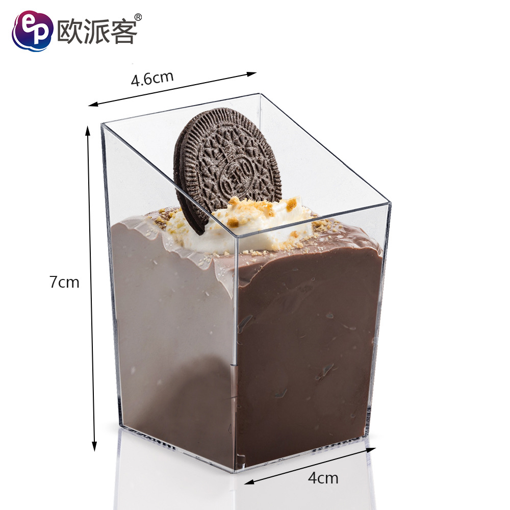 Copa de mousse desechable Taza de postre PS Taza de plástico Taza de pudín Taza redonda de punto de fábrica Taza cuadrada
