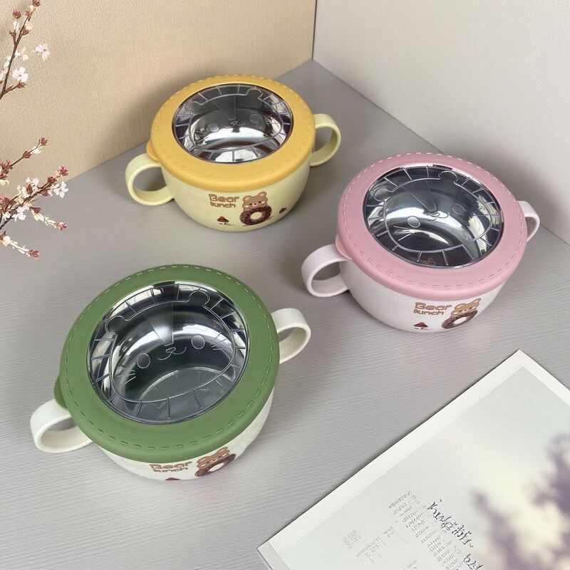 304 Stainless Steel Children's Bowl, Anti-Fall Double-Handle Soup Bowl with Lid, Small Rice Bowl for Elementary School Students, Cute with Handle, Wholesale