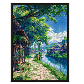油画小镇木质拼图夏天的河道边解压治愈风景手工可搭配相框1000片