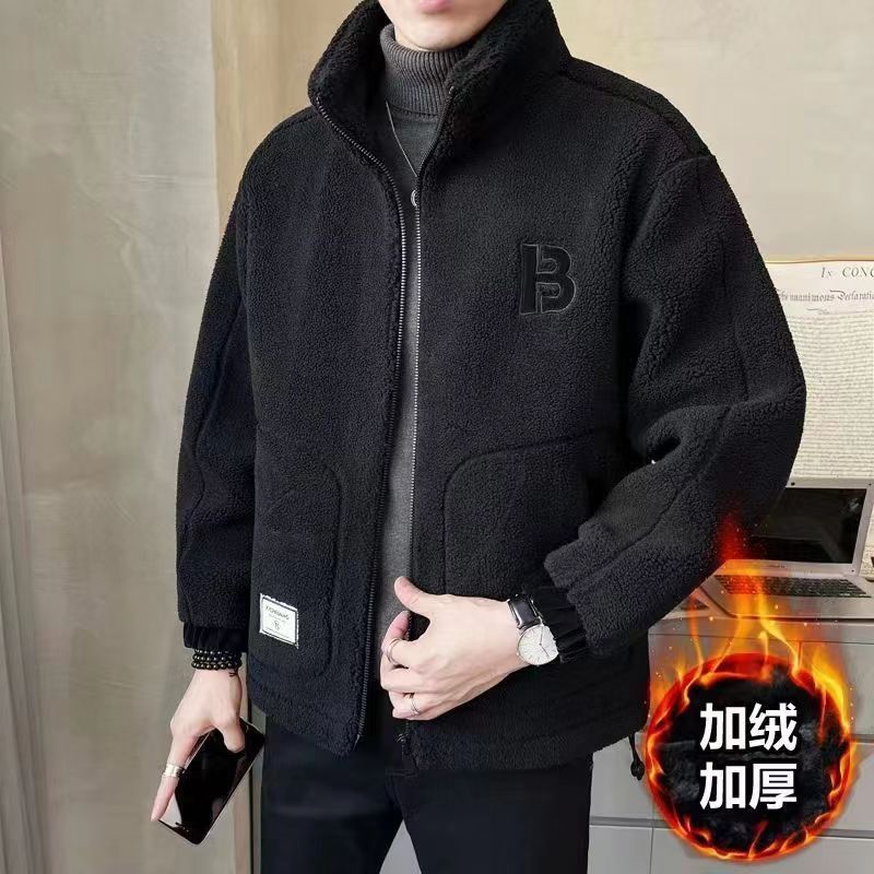 (2개) 국경 간 가을과 겨울 새로운 모방 양고기 벨벳 재킷 남자 수직 칼라 유행 기모 두꺼운 남자 겨울 자켓