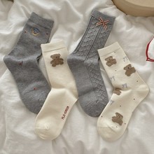 秋冬波点袜子女中筒袜卡通植绒小熊堆堆袜日系可爱百搭兔羊毛长袜