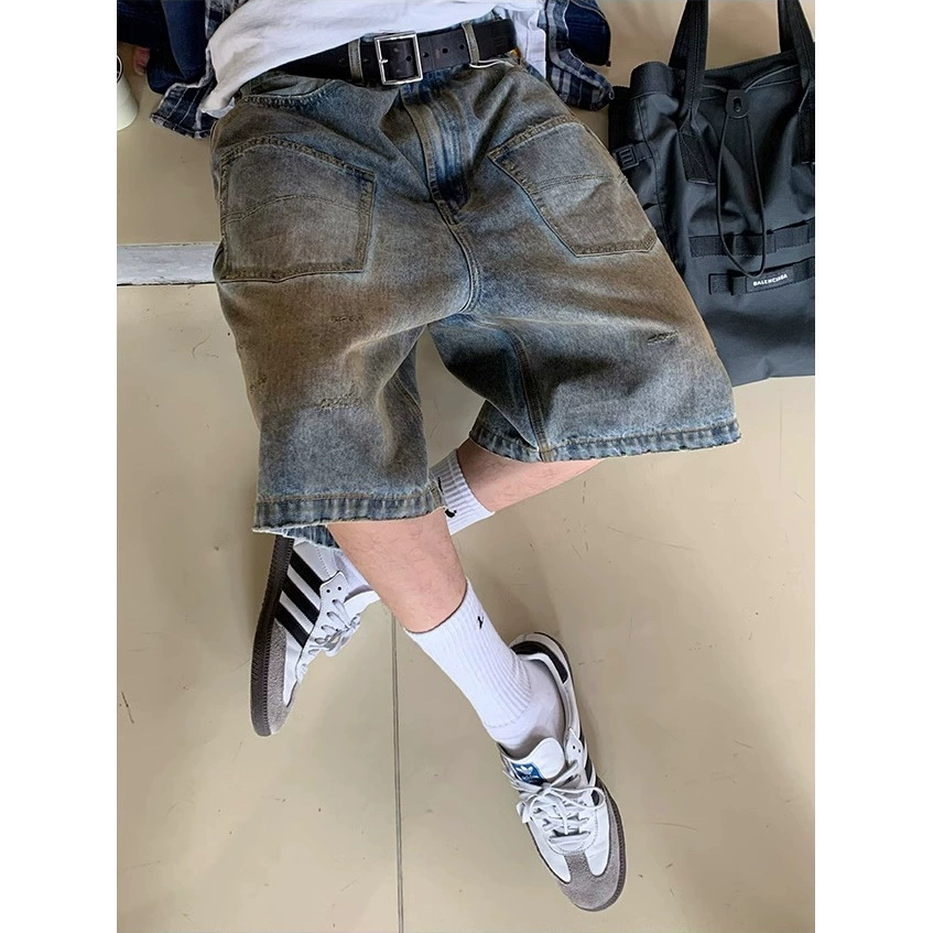 Американский высокий ретро-стрит, сделанный старомодной водой, вымытый пустыми карманами, дизайн джинсовые шорты, укороченные брюки мужской летний новый