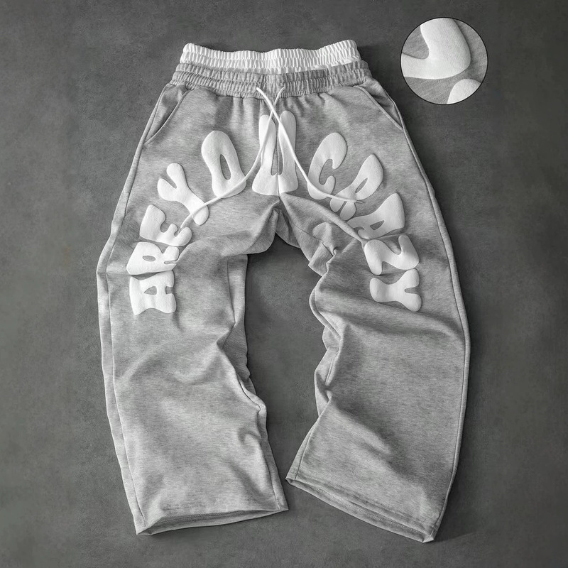 Men's Gray Winter Streetwear Urban Casual Loose Straight-Leg Sweatpants, Double Waistband with Puffy Letter Print Men's Gray Winter Streetwear Urban Casual Loose Straight-Leg Sweatpants, Double Waistband with Puffy Letter Print