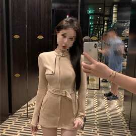 感气质长袖立领外套女秋季新款修身腰带收腰开衫拉链上衣