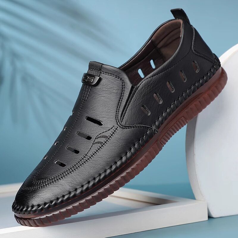 Giày sandal nam da lười khoét lỗ đế bằng chống trượt thoáng khí — Màu kaki, màu đen