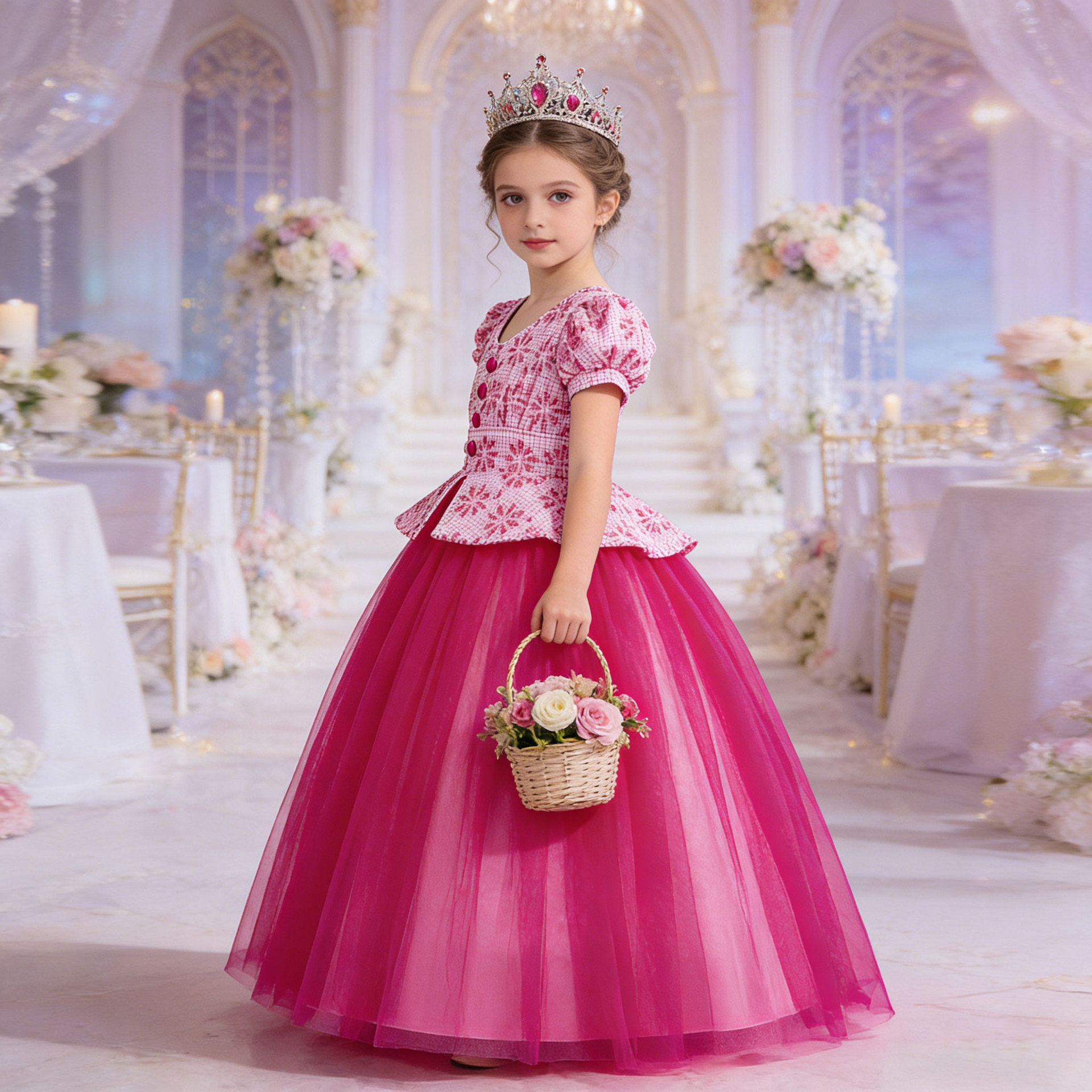 Transfronterizo nuevos niños princesa vestido houndstooth costura malla mullido vestido puff manga niñas etapa traje