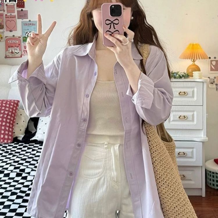 纯棉甜美显白浅紫色衬衫女春秋季防晒衣外套百搭气质休闲上衣开衫|undefined