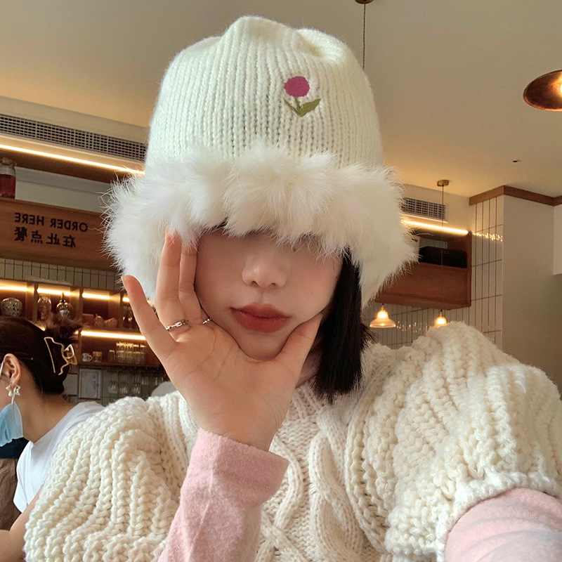 Tulip Rabbit Hair Fisherman voor dames in herfst en winter Koreaanse editie Warme grote hoofdband Gebreide wollen witte pluche_voghion.com