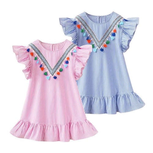 Summer new girls' dress, children's short-sleeved polycotton striped dress, baby girl's Korean style printed children's dress