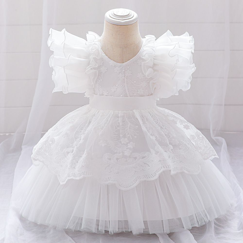 Vestido de niños nuevos europeos y americanos manga voladora color sólido niña pettiskirt vestido de un año vestido de princesa de cumpleaños de bebé