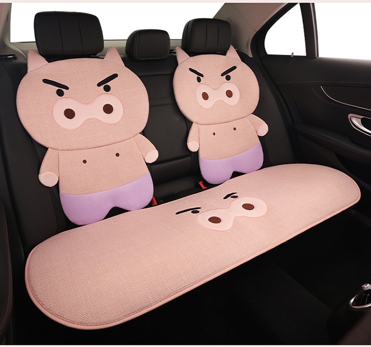 2026 New Cartoon Piggy Coarse Linen Car Seat Cushion, Universal for All Seasons, Multi-Piece Set for Single Seat, Original Factory Direct Shipment