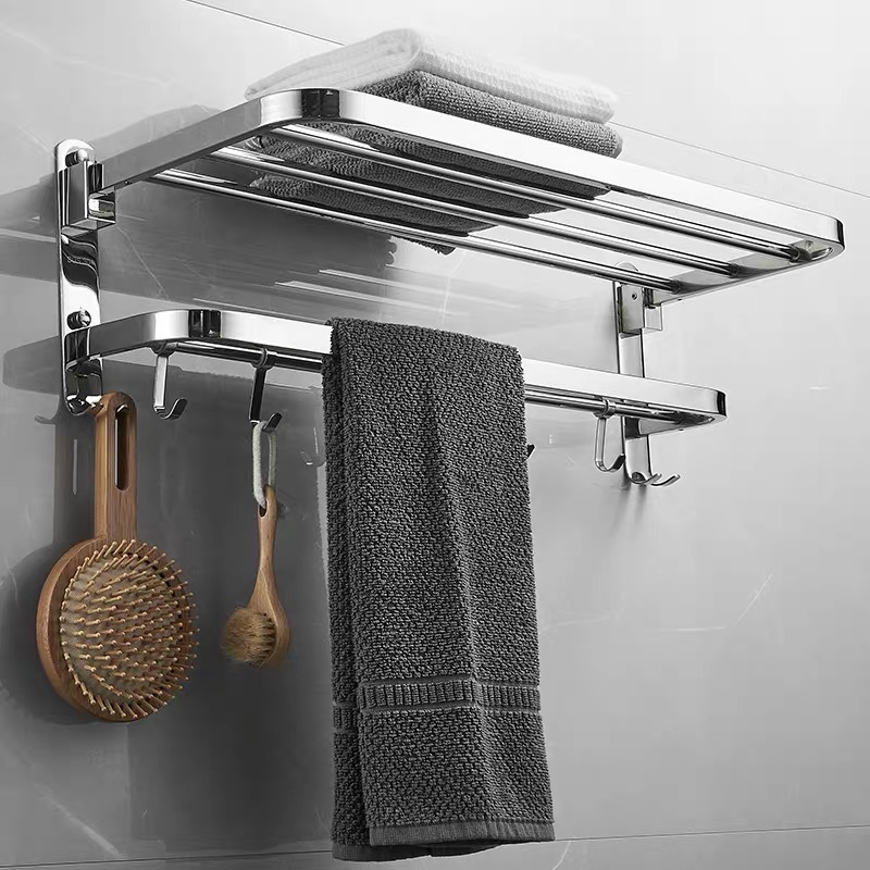 Source manufacturer 304 stainless steel towel rack hole free folding bath towel rack bathroom storage rack