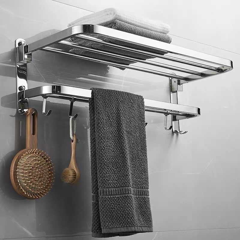 Source manufacturers 304 stainless steel towel rack non-perforated folding towel rack bathroom bathroom storage rack