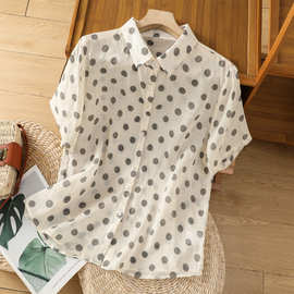 实拍2026年夏季新款女装高端圆点棉麻印花衬衣短袖翻领开衫上衣女