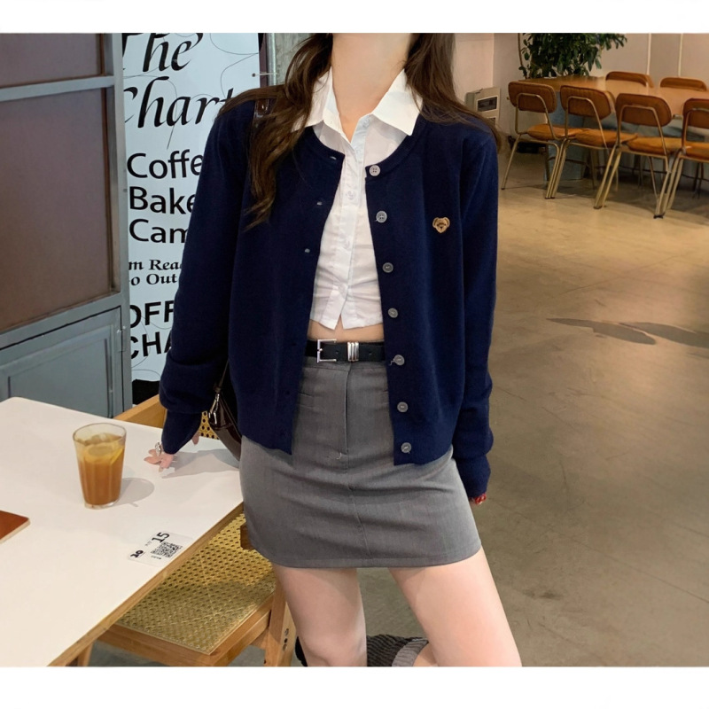 甜美清新风小熊刺绣针织毛衣外套女早秋新款百搭宽松圆领长袖开衫|undefined