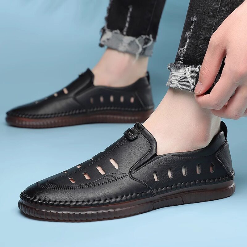 Giày sandal nam da lười khoét lỗ đế bằng chống trượt thoáng khí — Màu kaki, màu đen