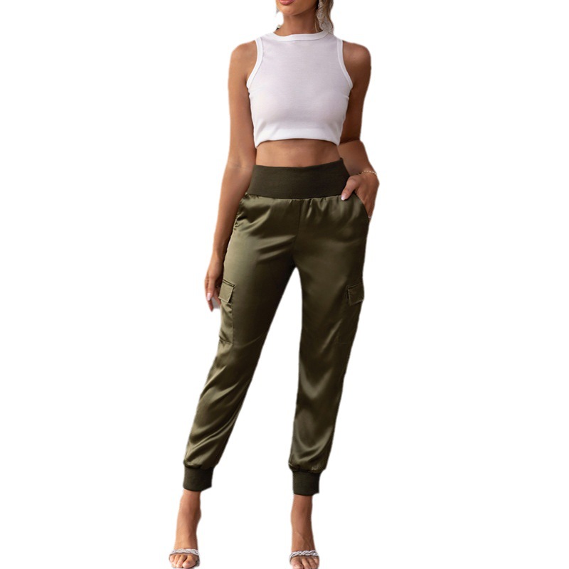 Moda transfronteriza europea y americana de moda de primavera y verano calle Hipster multi-Bolsillo Flip diseño cintura alta pantalones atados al tobillo