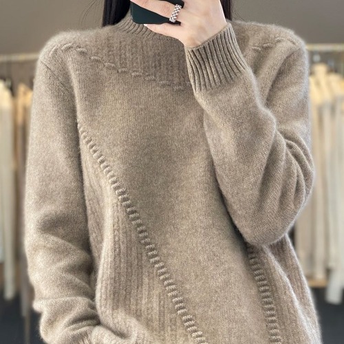 Women's Solid Color Thickened Bump Wave Knit Sweater Korean Style Hooded Semi-High Neck Top Layer Outerwear Fashion Base Shirt Women Trendy