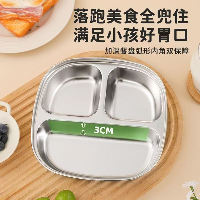 不锈钢分格餐盘定量三格圆盘大人减脂餐盘学生定量比例分餐盘|undefined
